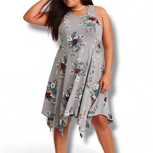 Torrid Midi Jersey Trapeze Dress Gray Floral Sleeveless Handkerchief Hem Plus 1x